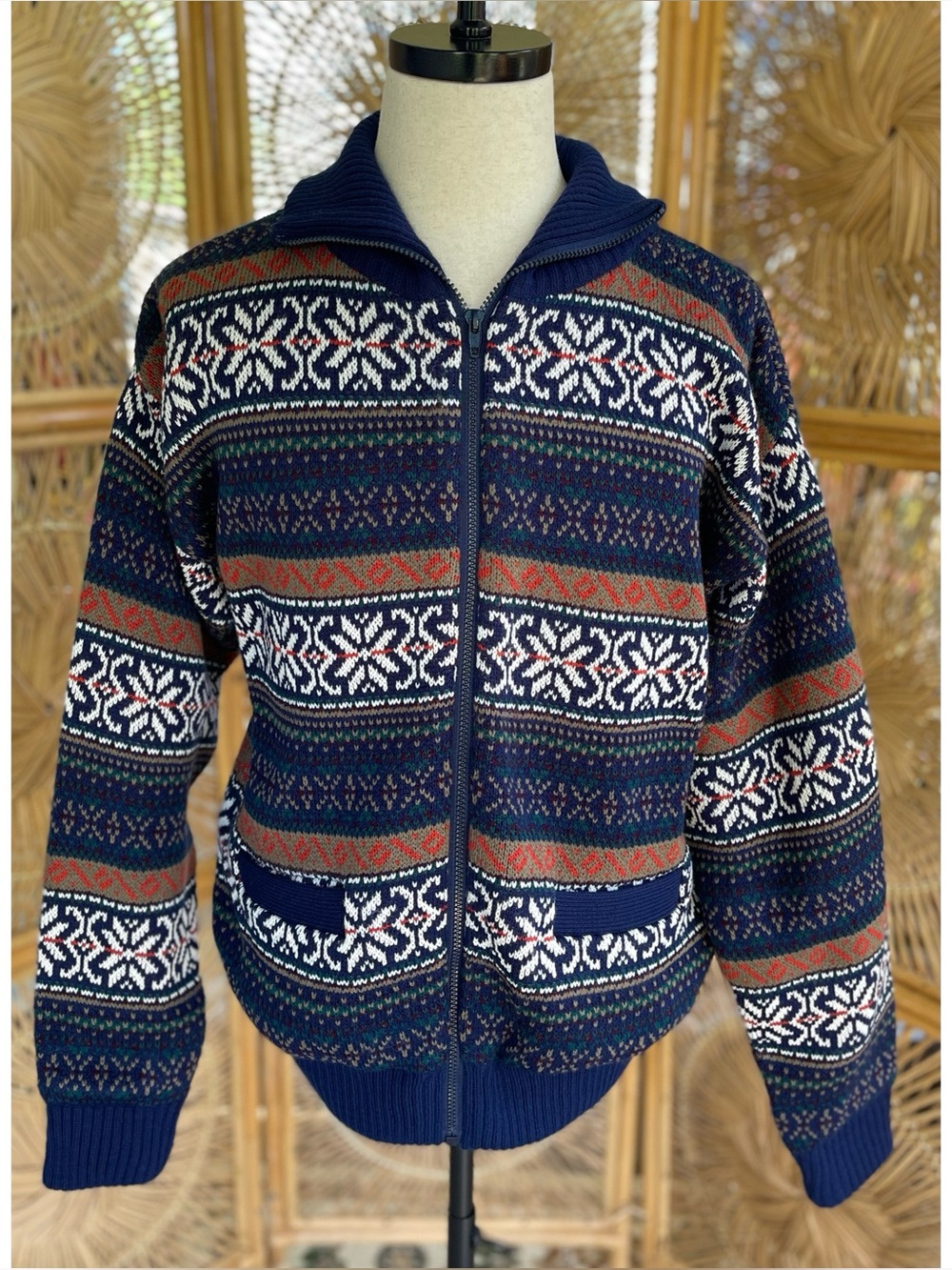 Vintage 90s Ash Creek Trading Sweater Jacket Full Zip Blue Snowflake Fair Isle L - Picture 7 of 7